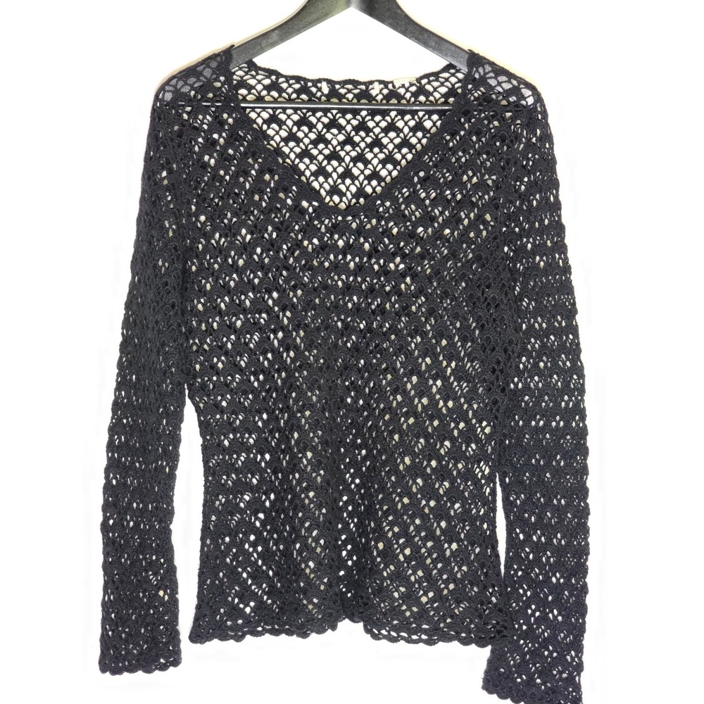 Women Crochet Open Knit Top Black Gothic Boho Sheer Pullover 90s grunge festival - Picture 2 of 9